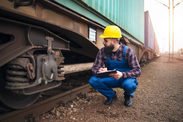 Caucasian train engineer with clipboard inspecting train at the station.